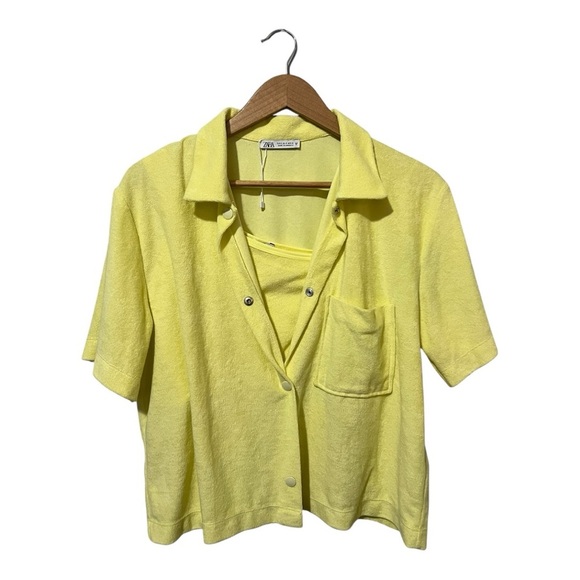 ZARA Pale Yellow Terry Shirt Set Size Small/Medium Cover Up Snaps Swim Beach - Picture 1 of 6